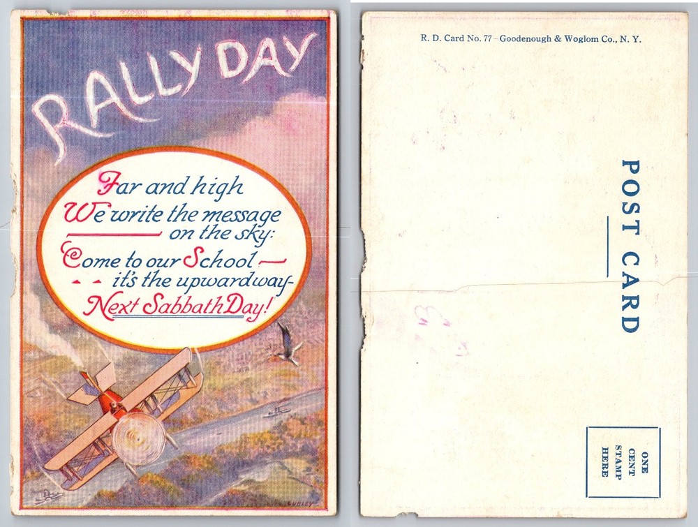RALLY DAY Biplane Skywriting Postcard - Goodenough & Woglom Co. N.Y.