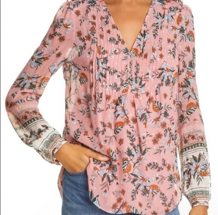 Veronica Beard 4 lowell blouse Silk Pink Floral Metallic Boho Relaxed Spring