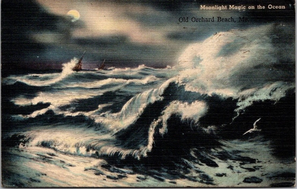 1945 Old Orchard Beach ME Moonlight Magic Ocean Waves Tichnor Postcard