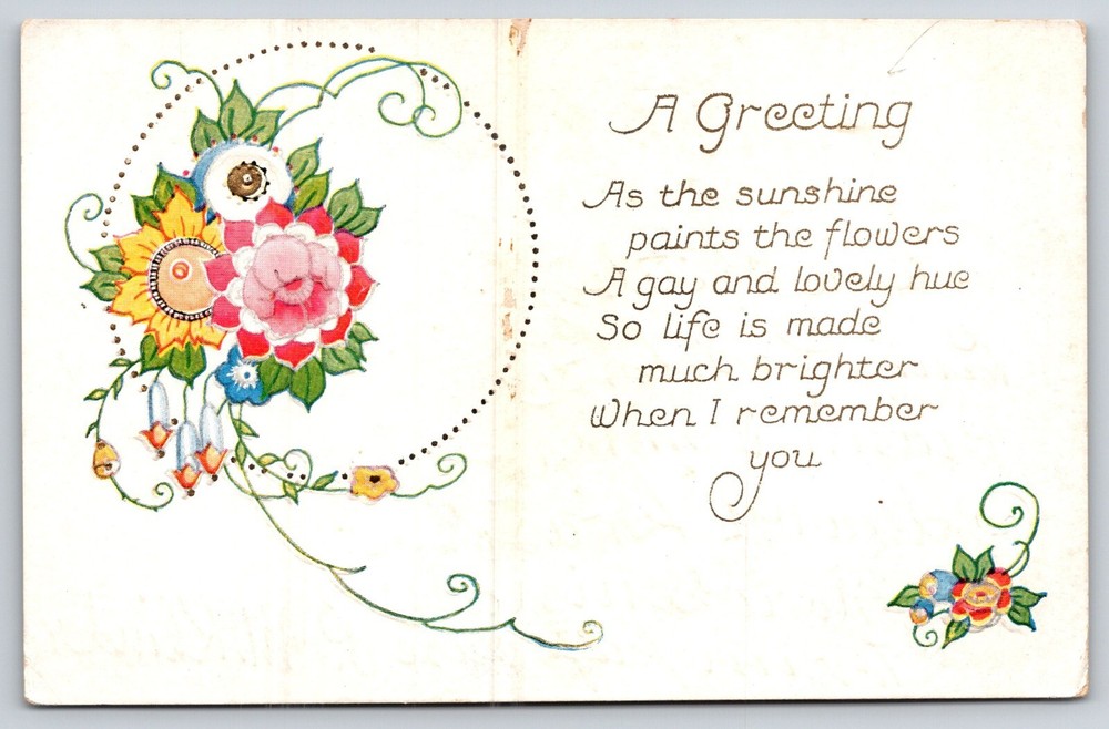 Greetings~Flower Scene & A Greeting Poem~Vintage Postcard