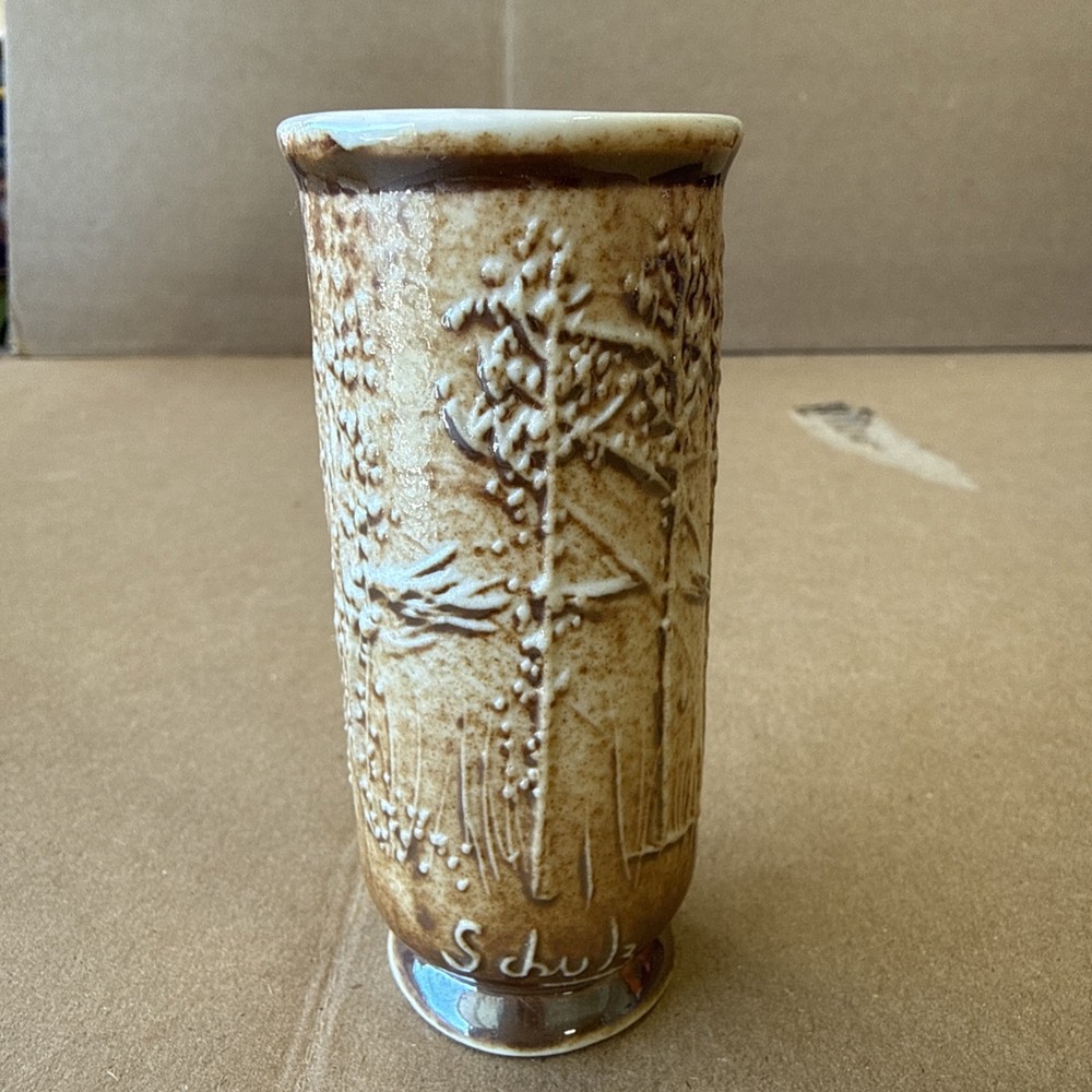 Mt St Helens Ash Glazed Pottery Vase by Schulz – 4” Textured Trees Scene