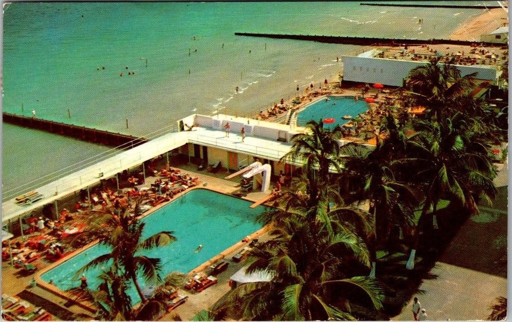 Vintage Miami Beach Florida Ocean Front Swimming Pools Cabana Clubs Postcard