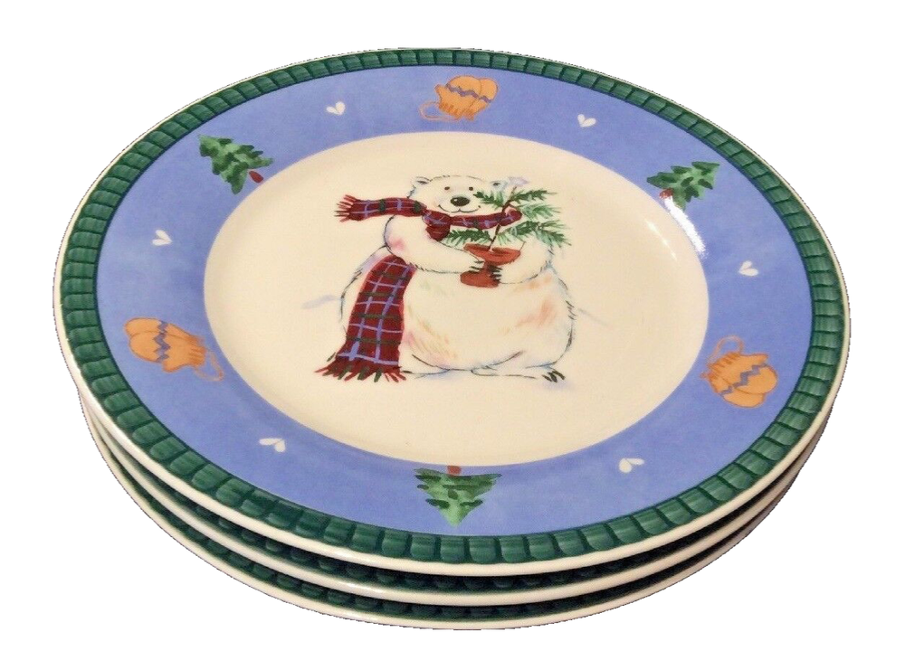 Pfaltzgraff Snow Bear Christmas Accent Plates Lot of 3 Salad Dessert Dishes 8-3/8