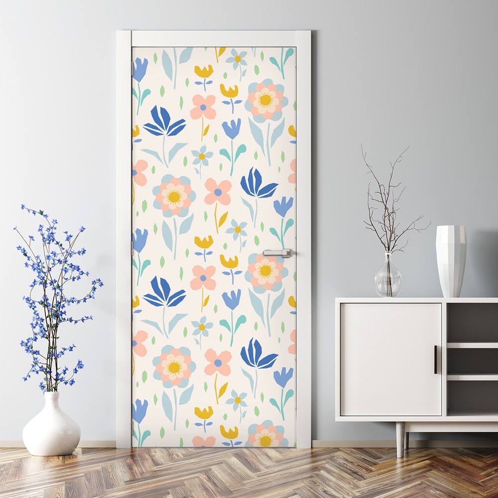 Adhesive Door sticker Geometric Flowers Floral Wall Covering Watercolour Mural