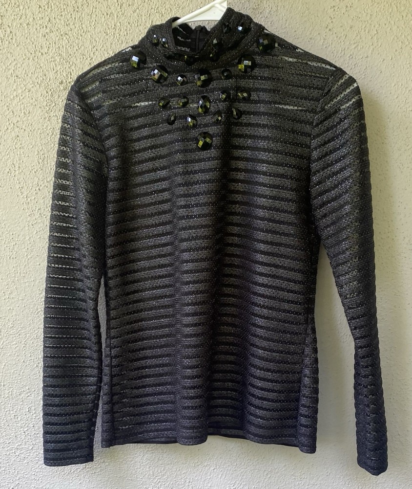 Grayse Black Beaded Sheer Mock Neck Knit Long Sleeve Blouse Women's S