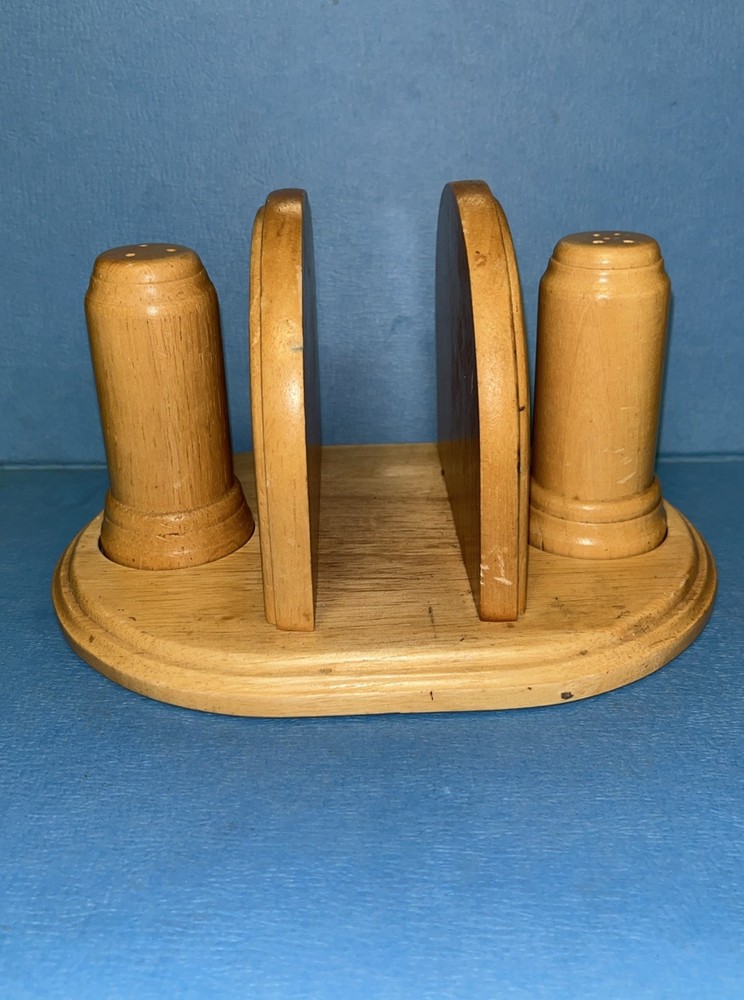 Vintage Solid Wood Napkin, Salt, & Pepper Shaker Holder “kamenstein”