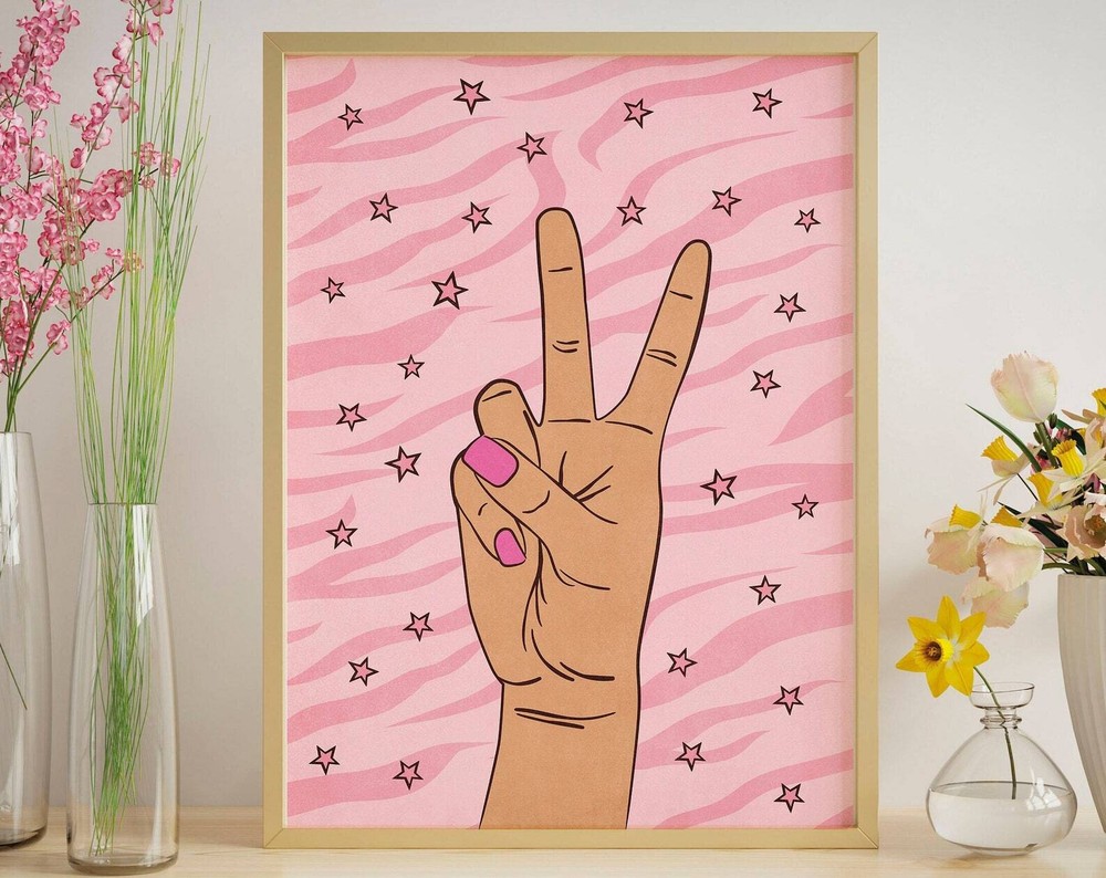 Pink Art Print Poster Positive Wall Art Positive Poster Peace Hand Wall Art
