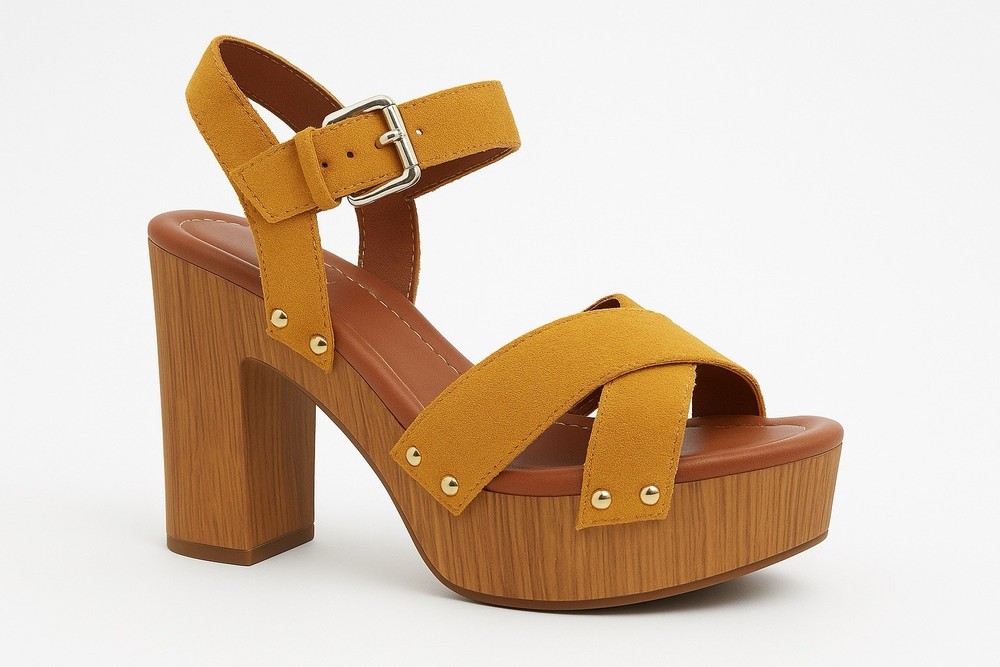 Aldo Suede wooden Platform Sandal Heel EU 37 US 7 Block Heel Mustard yellow Boho