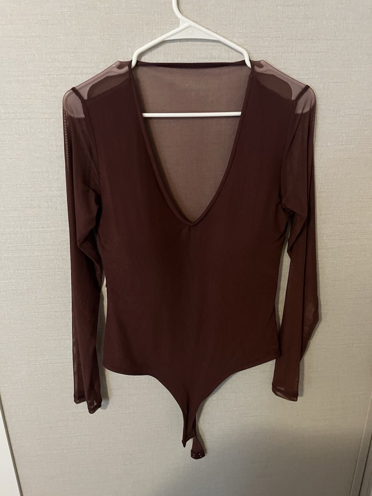 Sheer Back Long-Sleeve Bodysuit Maroon  2XL
