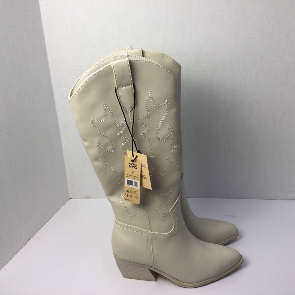 Madden NYC Women's Bone Ivory Faux Leather Tall Western Boots Size 6