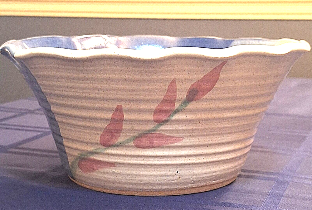 Hand Thrown Bowl Speckled Glaze Wavy Edge Blues & Beige Signed Art Pottery Vtg