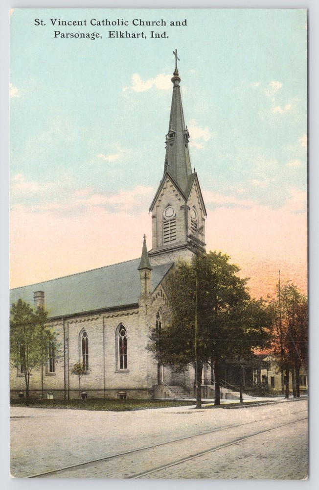 St Vincent Catholic Church & Parsonage~Corner View~Elkhart~Religious~Vintage PC