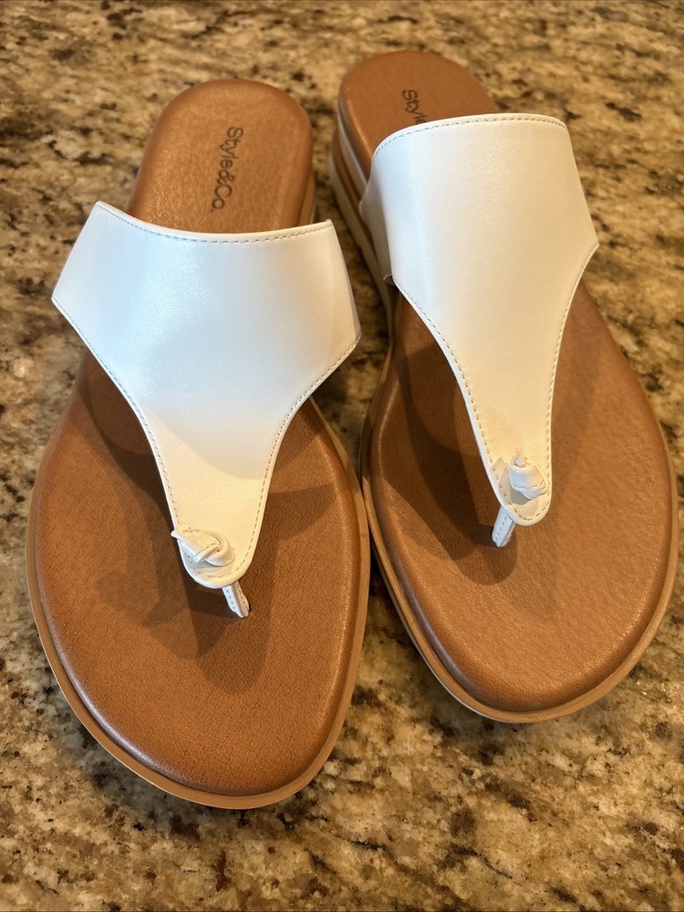 Style & Co Women's Chicklet Wedge Thong Sandals White Women's 7.5