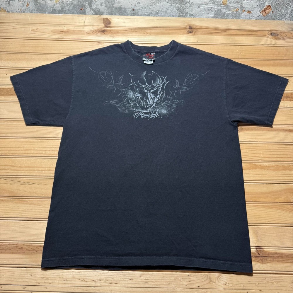 Vintage Y2K Miami Ink Skull Thorns Tattoo Graphic T-Shirt USA Made - Size XL