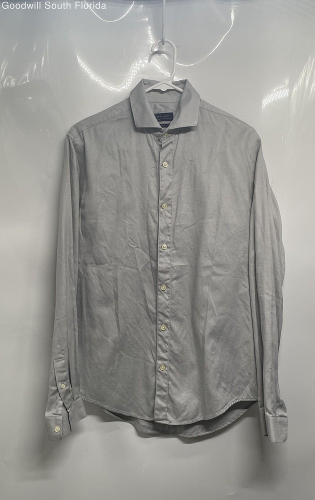 Zara Mens Light Gray Cotton Long Sleeve Collared Slim Fit Button-Up Shirt Size S