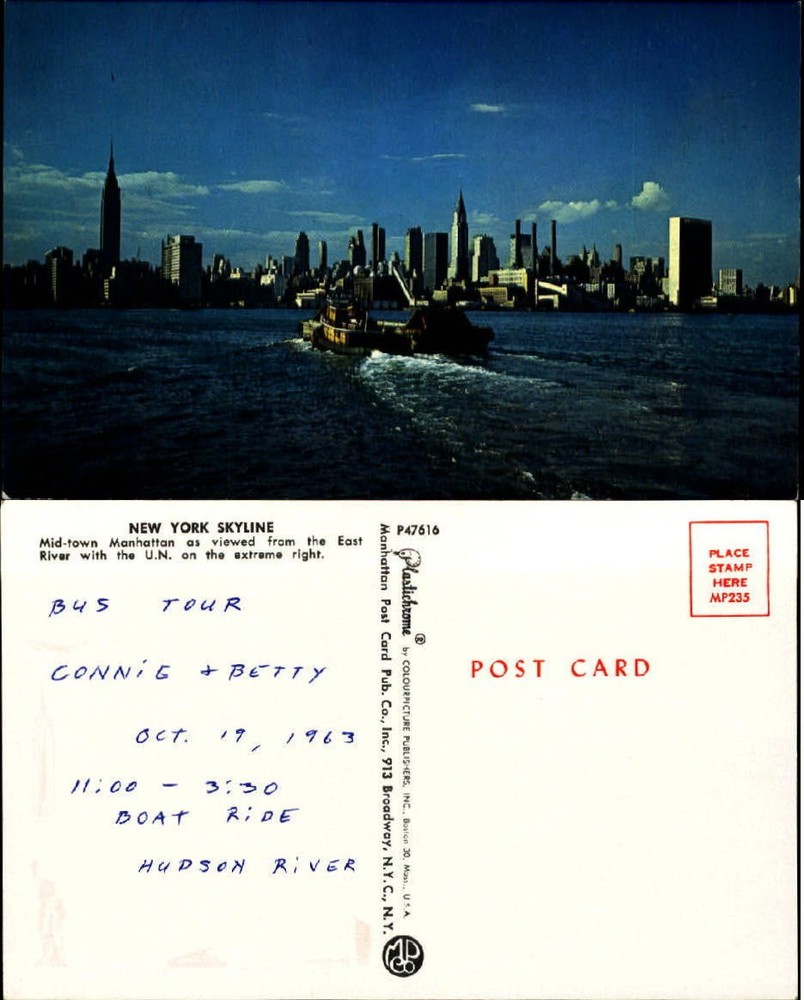 New York City Skyline Manhattan NY East River barge UN Building chrome 1960s