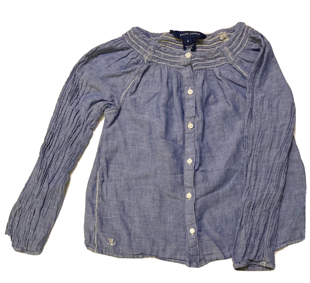 Ralph Lauren Girl's Button Down Shirt Blouse - Size 6, Blue Denim Colored