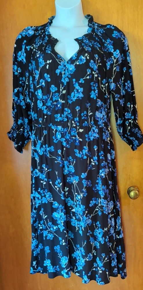 New Talbots Crepe Dress Black W/ Blue Floral Midi Smocked V-Neck 3/4 Sleeve Sz L