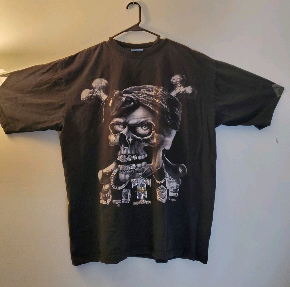 Vintage RUSSO WEAR Skull Crossbone Bling Teeth Black Graphic T-Shirt, Men 3XL