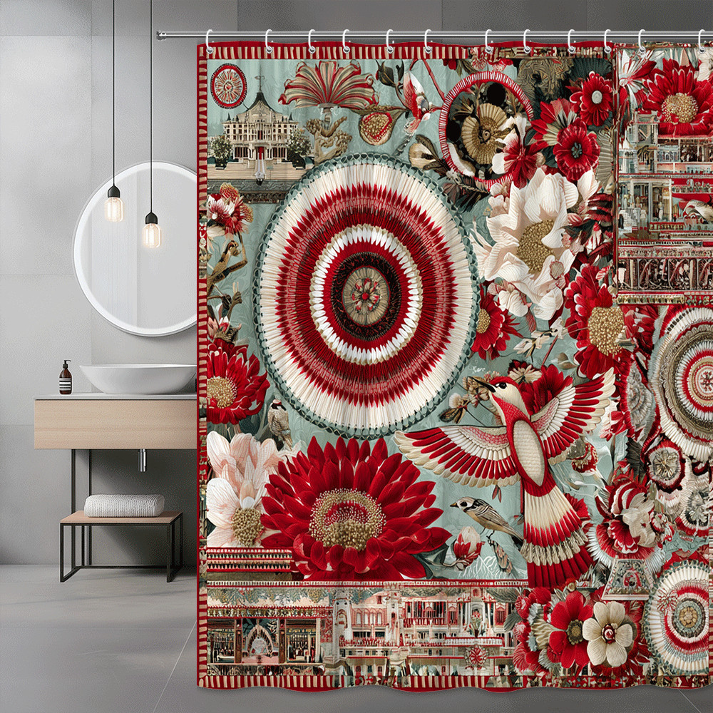 Floral Bird Shower Curtain Red White Vintage Collage Print