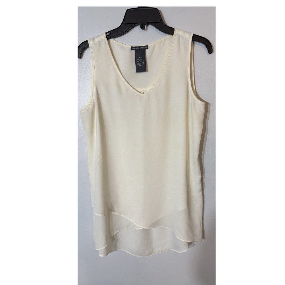 Chelsea & Theodore Women’s Ivory Solid Chiffon Blouse, Sleeveless V-Neck, S