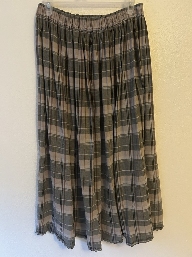 Women’s Large Beige/Gray Plaid Cotton/Silk Long Skirt A-Line
