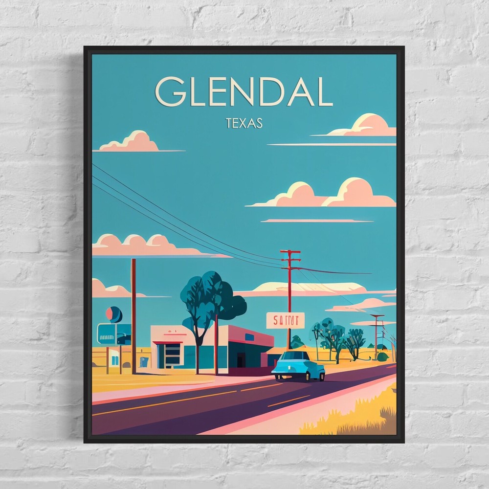 Glendal Texas Retro Art Print Glendal Wall Art Illustration Glendal Vintage