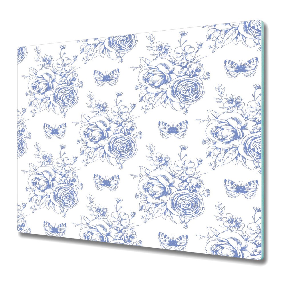 Glass Chopping Cutting Board Floral motives and butterflies blue and white photo