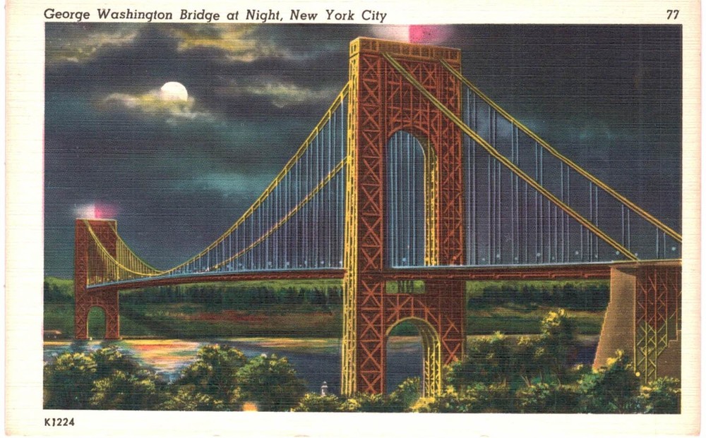 NYC George Washington Bridge At Night Moonlight Linen 1940 New York City