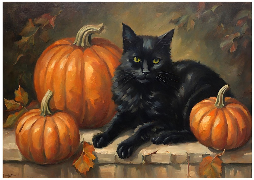 Elegant Black Cat and Pumpkins Wall Art Poster for Home Decor