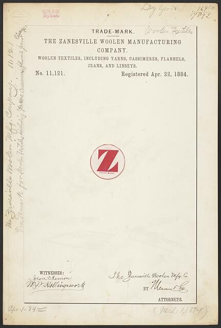 Photo:Zanesville Ohio 1884 Z Brand Woolen Textiles Trademark Registration