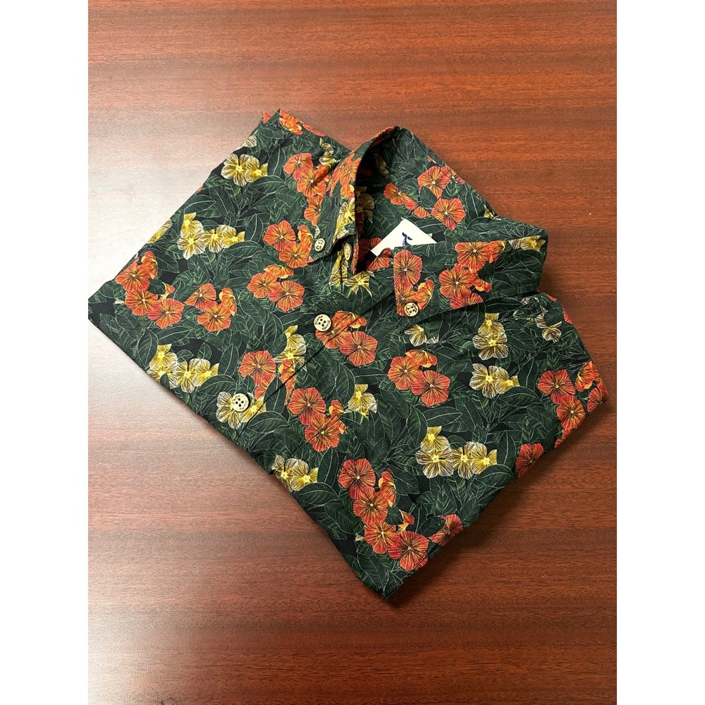 Yiume Floral Hibiscus Hawaiian Mens Large S/S Button Up Cotton Summer Fun