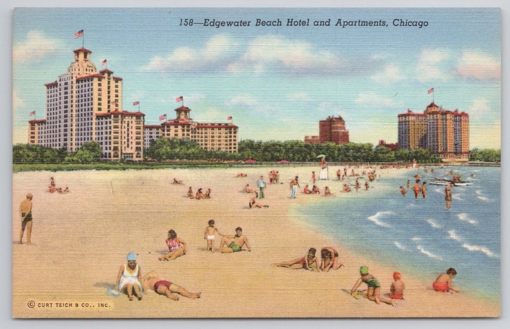 Edgewater Beach Hotel Chicago IL Vintage Postcard Lake Michigan Beach C.T
