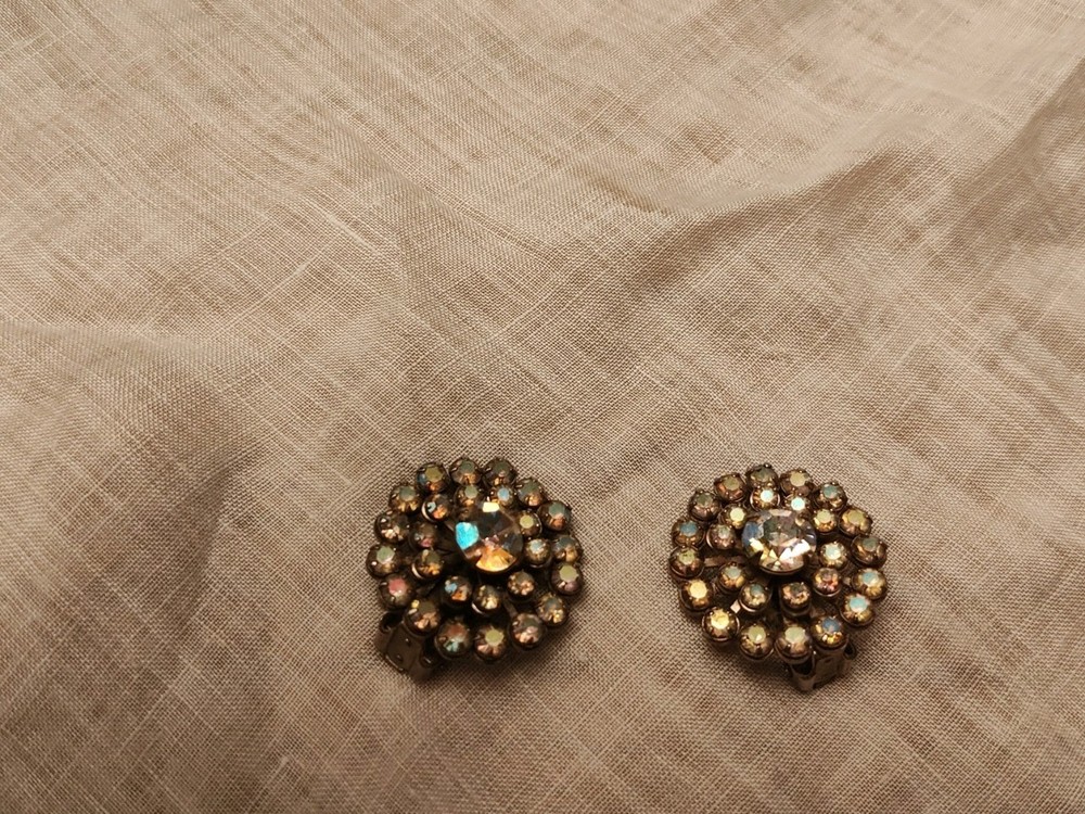 WEISS Vintage AB Rainbow Rhinestone Clip On Earrings Gold Tone