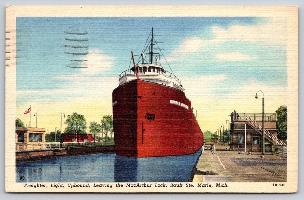 Sault Ste Marie Michigan~Freighrer Leaving MacArthur Lock~Vintage Linen Postcard
