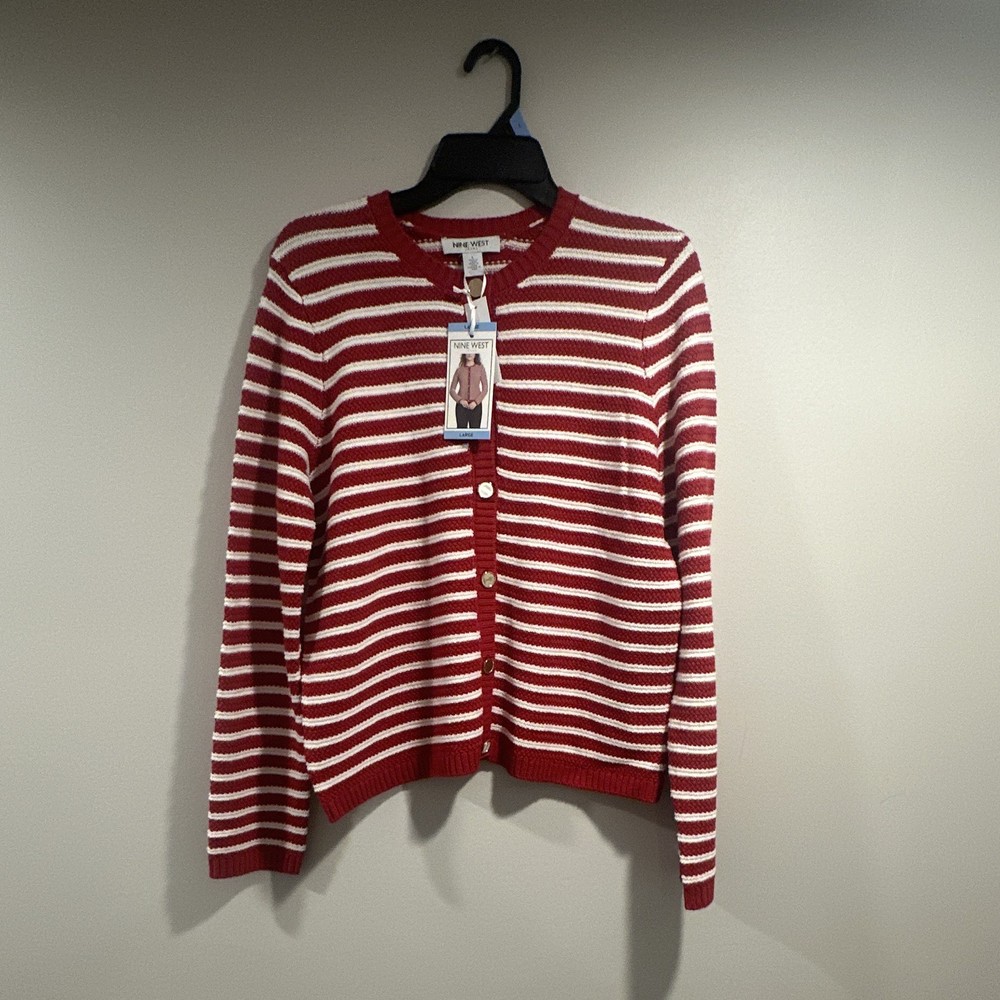 Nine West Jeans Women's Striped Red/White Button-Front Crew Neck Cardigan L
