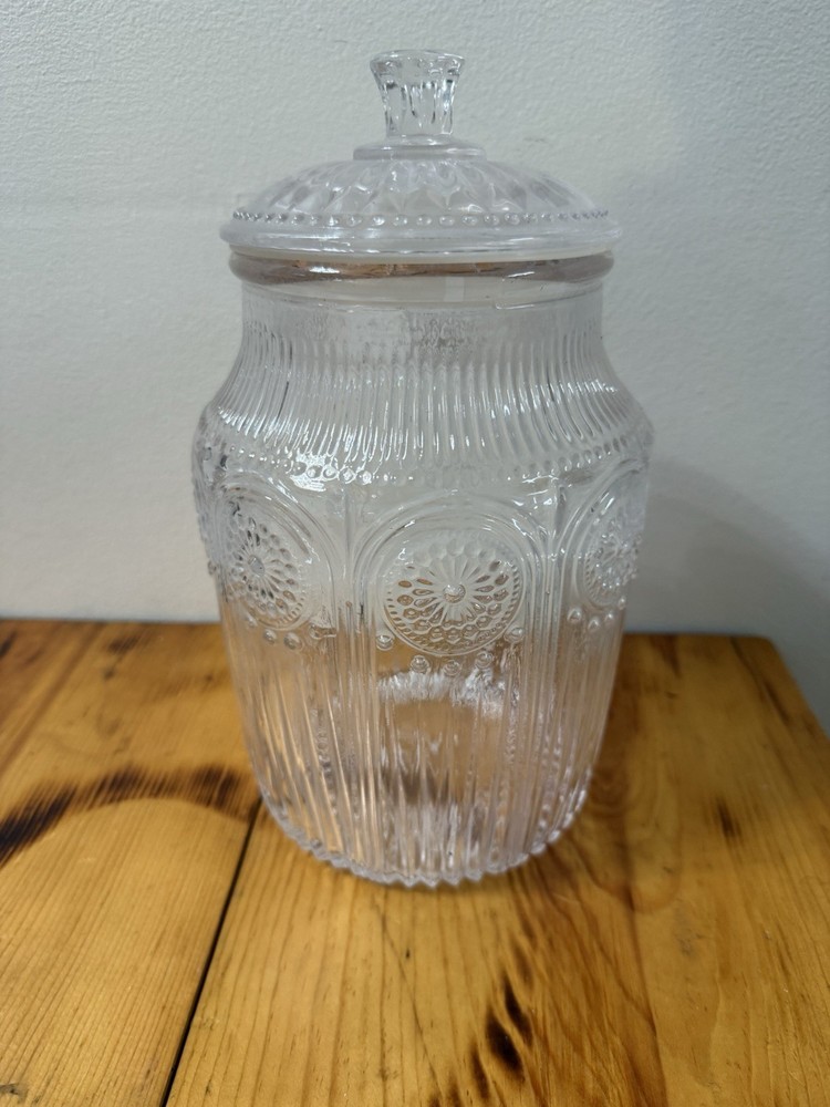 Vintage Pressed Glass Canister Jar w/ Lid Floral Pattern Clear Kitchen Storage