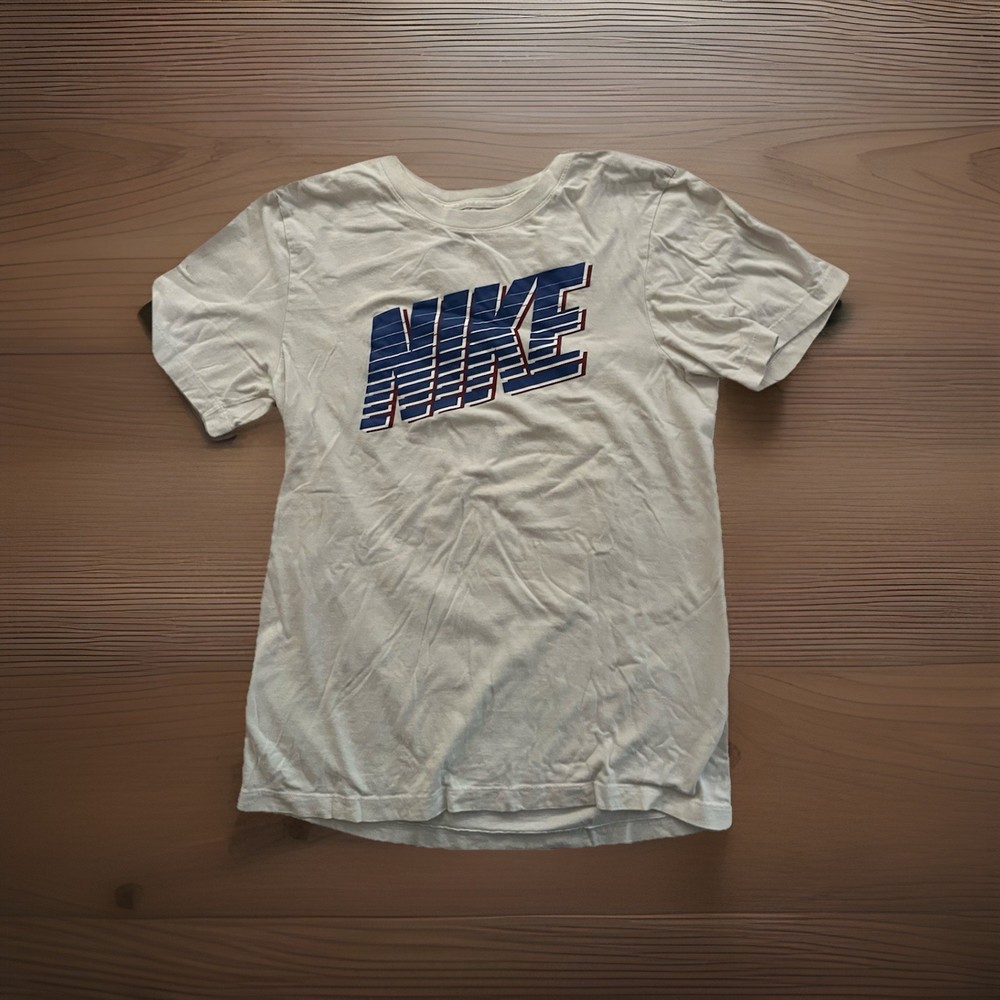 Nike Graphic T-Shirt Mens Small White Good Blue Red Striped Logo Tee