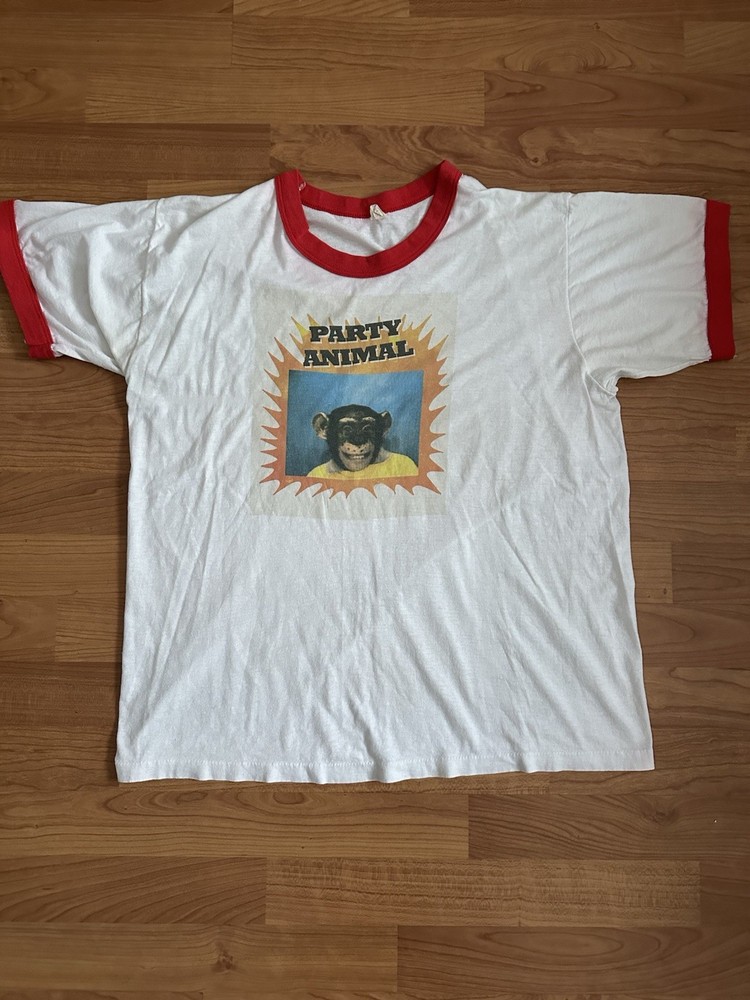 Vintage 80s/90s Party Animal Ringer Graphic Tee White Red Short Sleeve