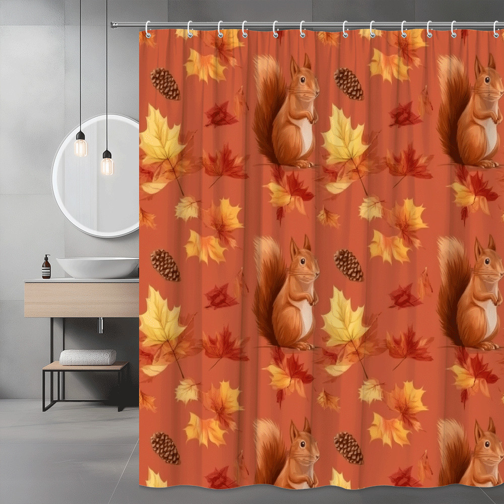 Squirrel Leaf Print Shower Curtain Autumn Orange