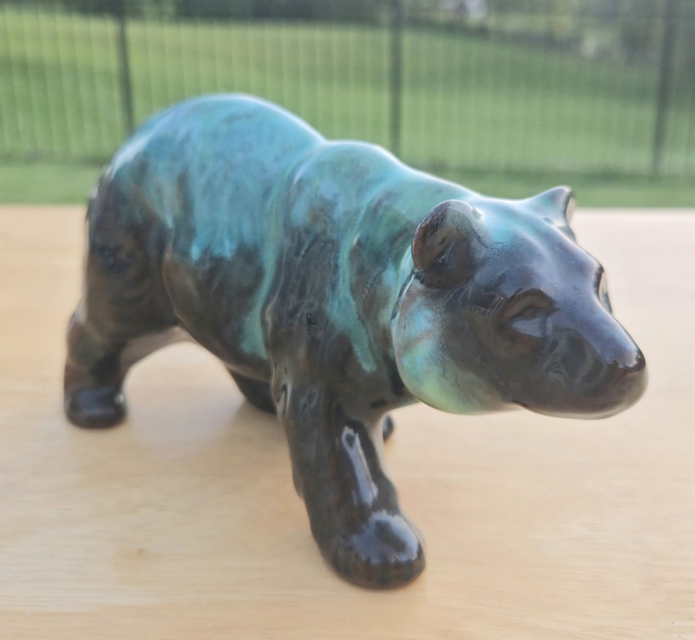 Evangeline? Pottery ~ Walking Bear Figurine ~ Green Drip Glaze
