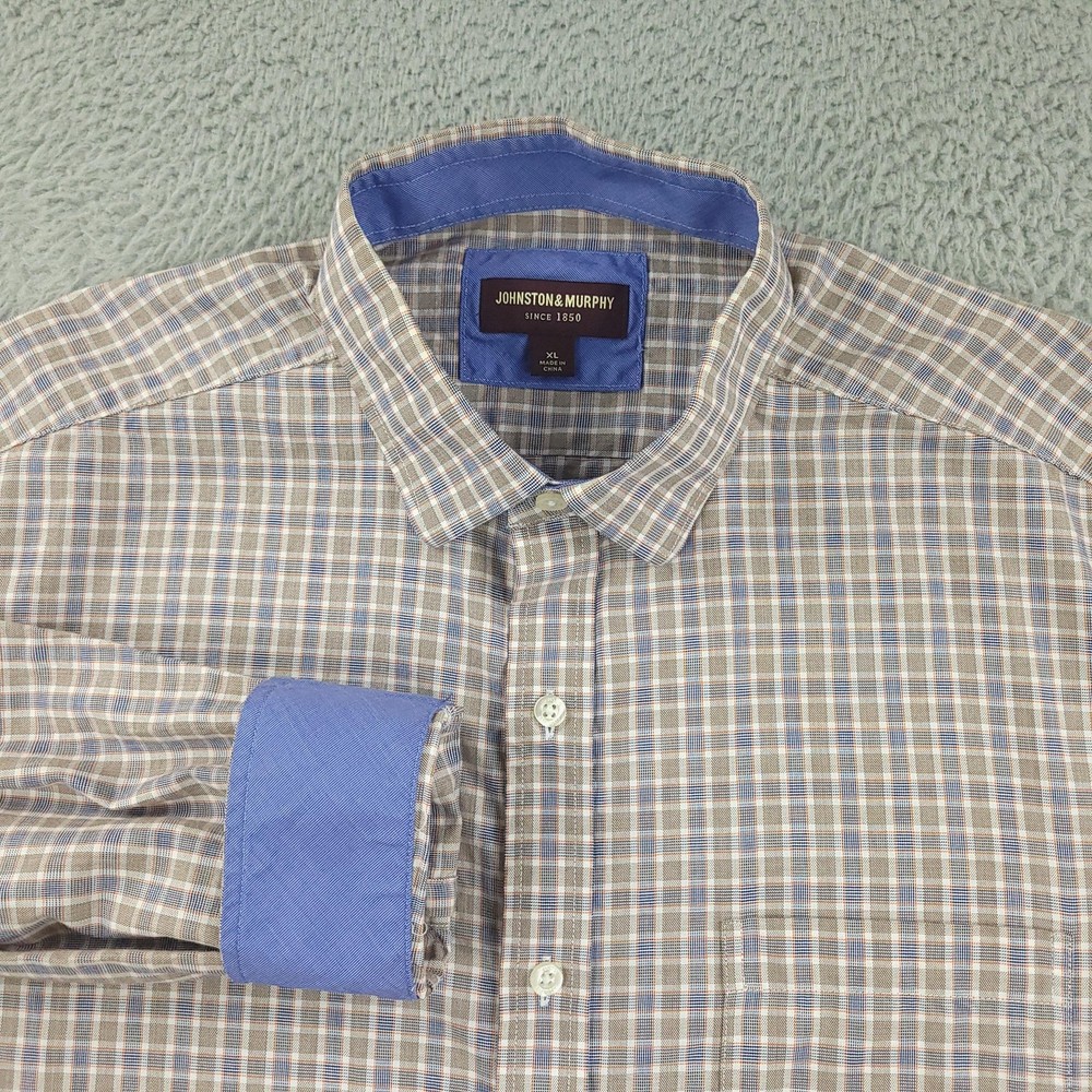 Johnston & Murphy Shirt Mens XL Blue Plaid Cotton Button Long Sleeve Casual