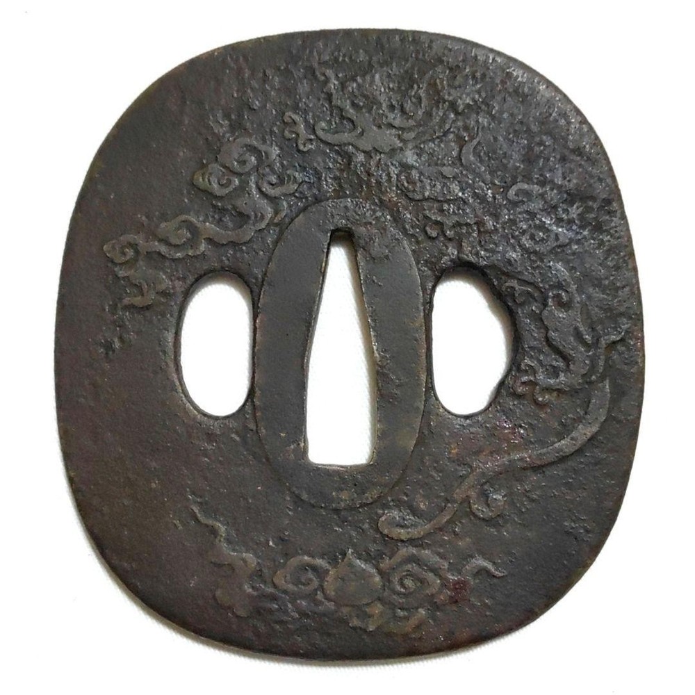 Hoju Cloud Dragon Tsuba Iron Square Thin Wall Carving Japanese Sword Fitting
