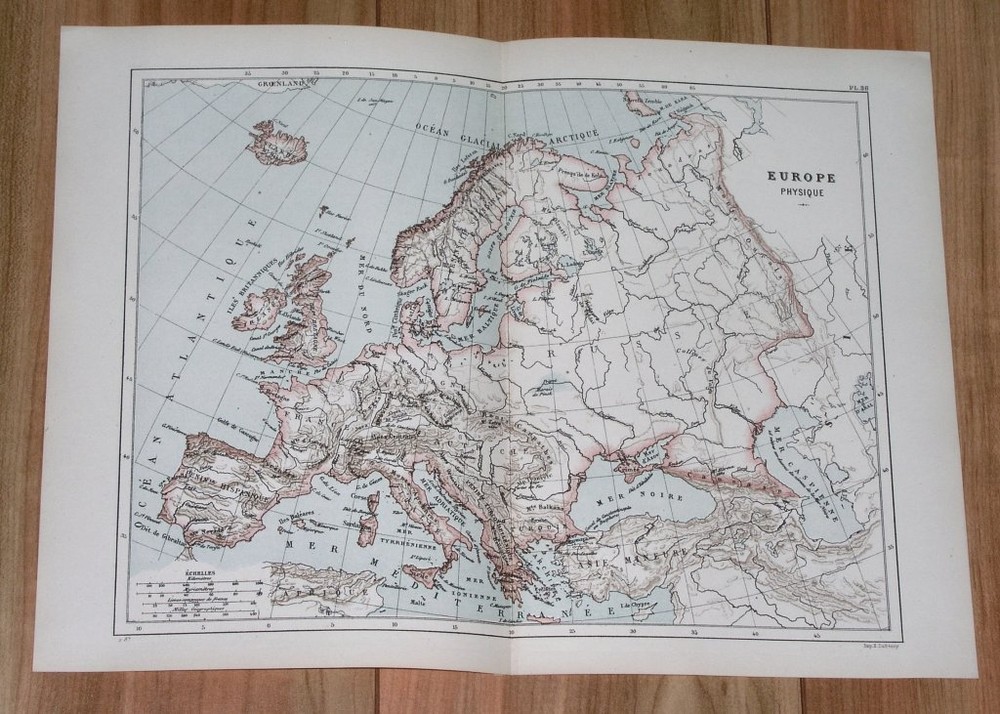 1887 Original Antique Physical Map Of Europe Poland Germany France Hungary Italy