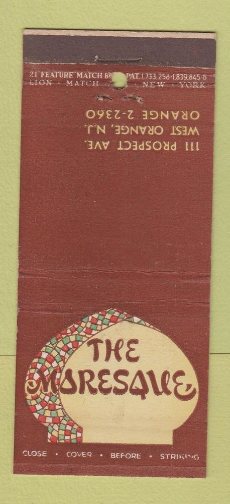 Matchbook Cover - The Moresque West Orange NJ 21 Strike Feature