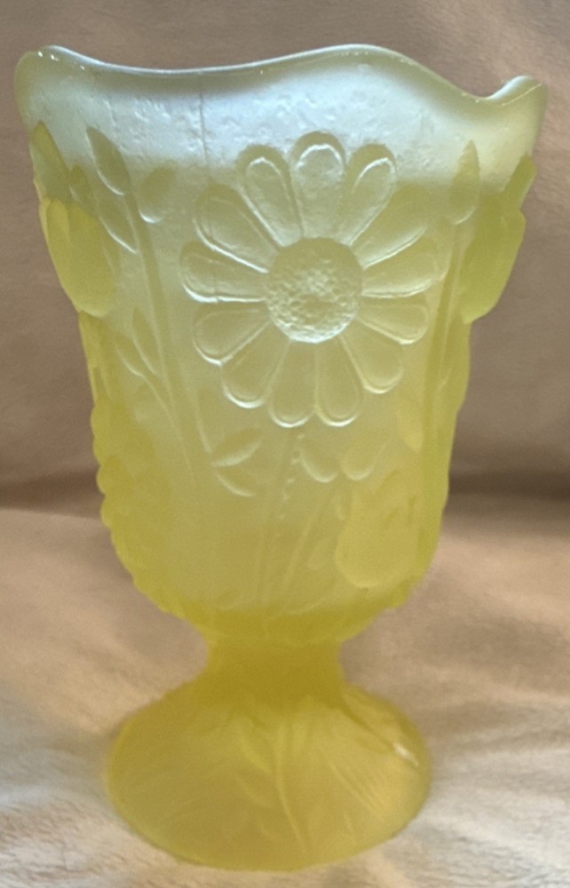 Fenton Satin Uranium Glass Floral Pedestal Vase Scalloped Rim 5 in Height
