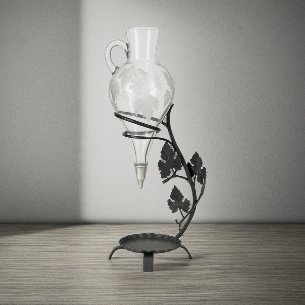 Vintage Etched Glass Wine Aerator Wrought Iron Grapevine Detail Counter Top