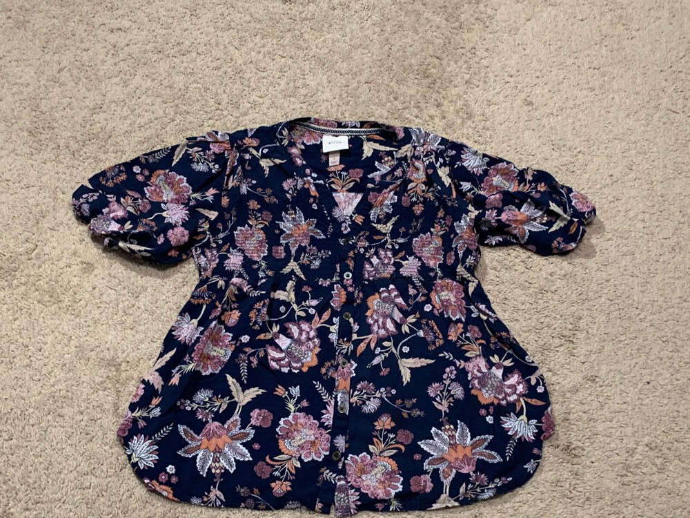 Knox Rose Womens Shirt Size Small Blue Floral Print Button Front Flowy Top