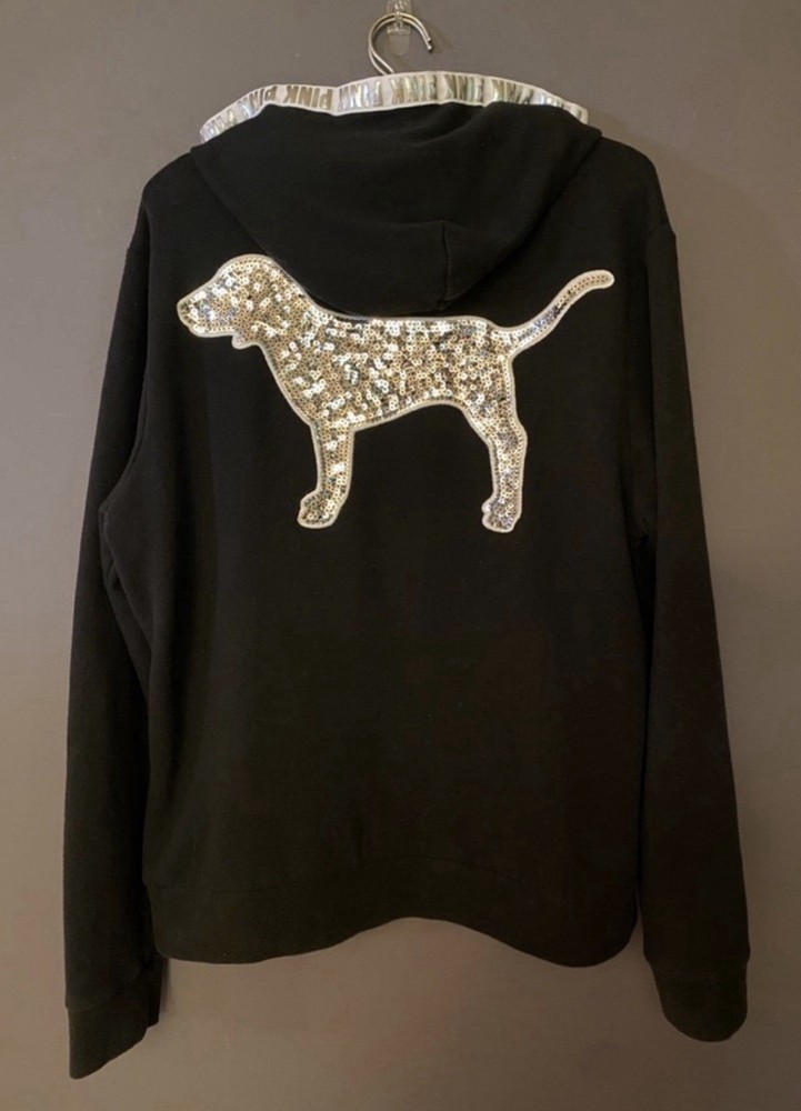 VS PINK PERFECT PULLOVER HOODIE SWEATSHIRT BLACK SILVER BLING DOG PUP RARE XL