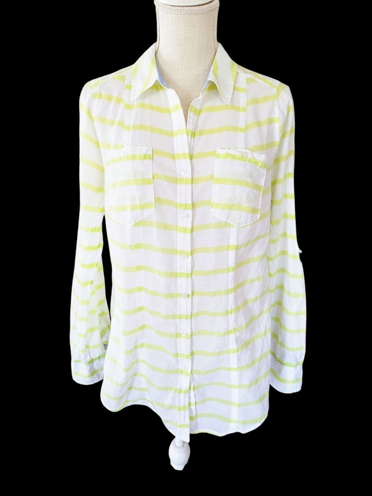 Lane Bryant Yellow Striped Button Down Top Shirt Ling Sleeve Size 16 Lightweight